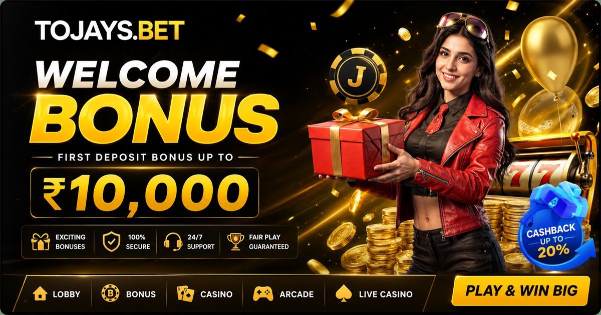 Tojay Game welcome bonus banner: first deposit bonus up to ₹10,000, exciting bonuses, 100% secure, 24/7 support and fair play guaranteed