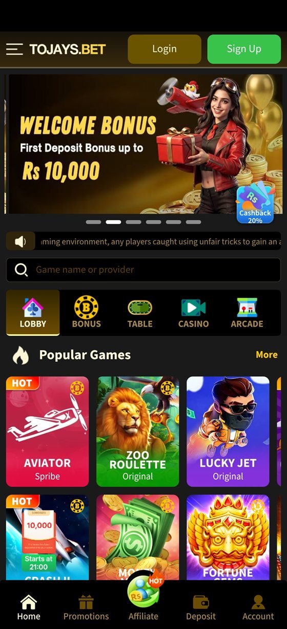 Tojay app lobby with the welcome bonus banner and popular games