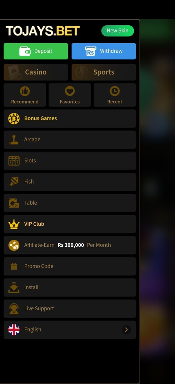Tojay app main menu with deposit, withdraw, slots and VIP club options