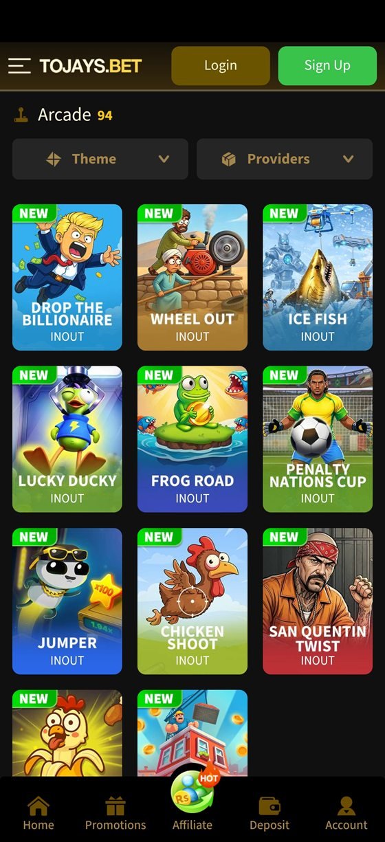 Tojay app game grid with new game badges