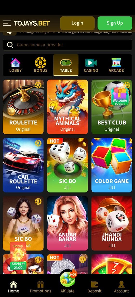 Tojay app casino lobby with game category tabs