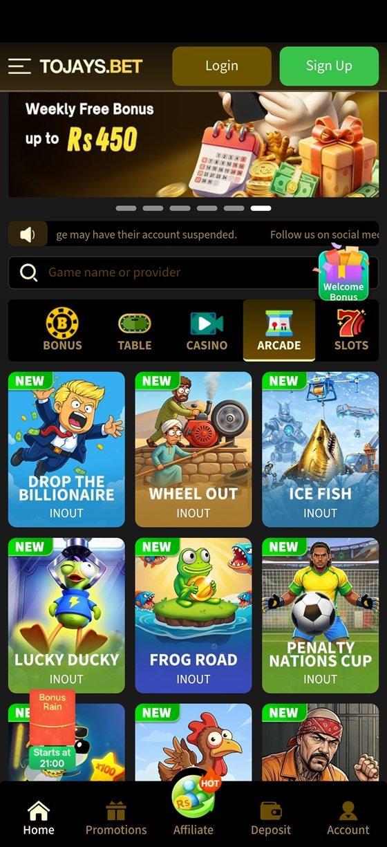Tojay app weekly free bonus screen with the slots category selected